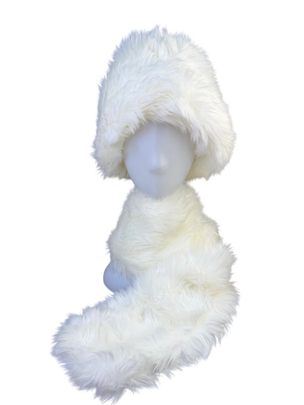 White Faux Fur Bucket Hat & Scarf Set Winter Warm Plush Lined One Size
